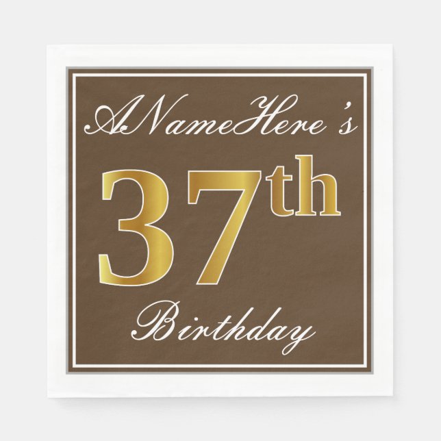 Elegant Brown, Faux Gold 37th Birthday + Name Napkins (Front)