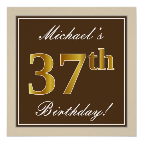 Elegant Brown Faux Gold 37th Birthday  Name Poster