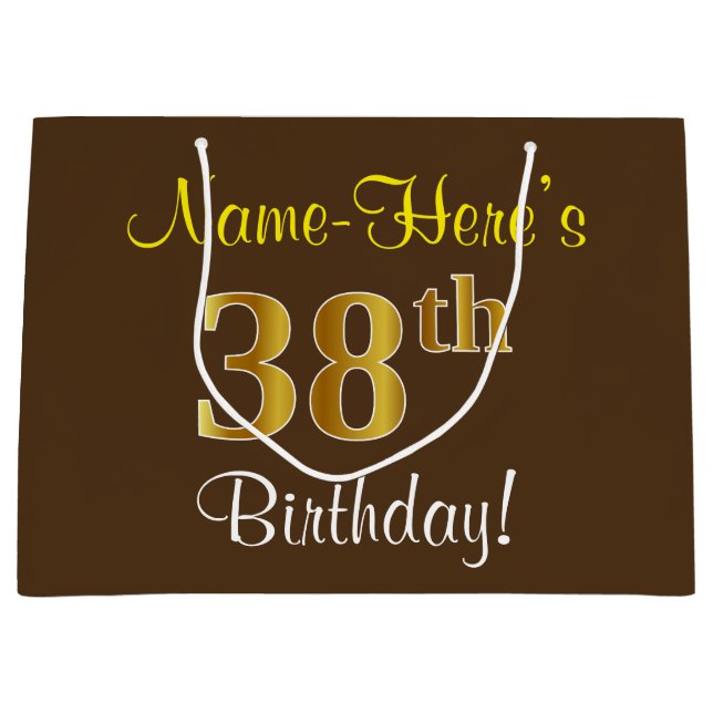 Elegant, Brown, Faux Gold 38th Birthday + Name Large Gift Bag (Front)