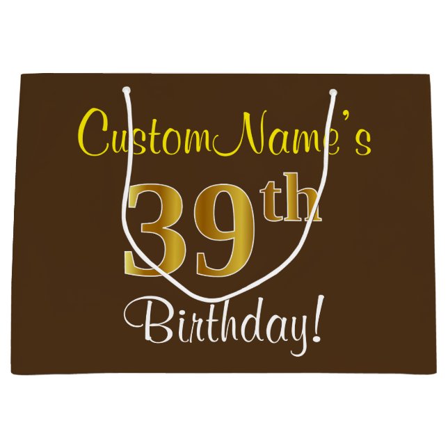 Elegant, Brown, Faux Gold 39th Birthday + Name Large Gift Bag (Front)