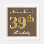 [ Thumbnail: Elegant Brown, Faux Gold 39th Birthday + Name Napkins ]