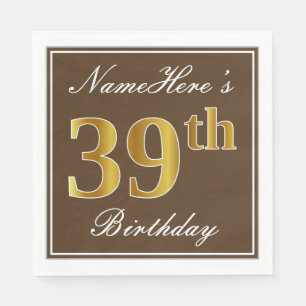 Elegant Brown, Faux Gold 39th Birthday + Name Napkins