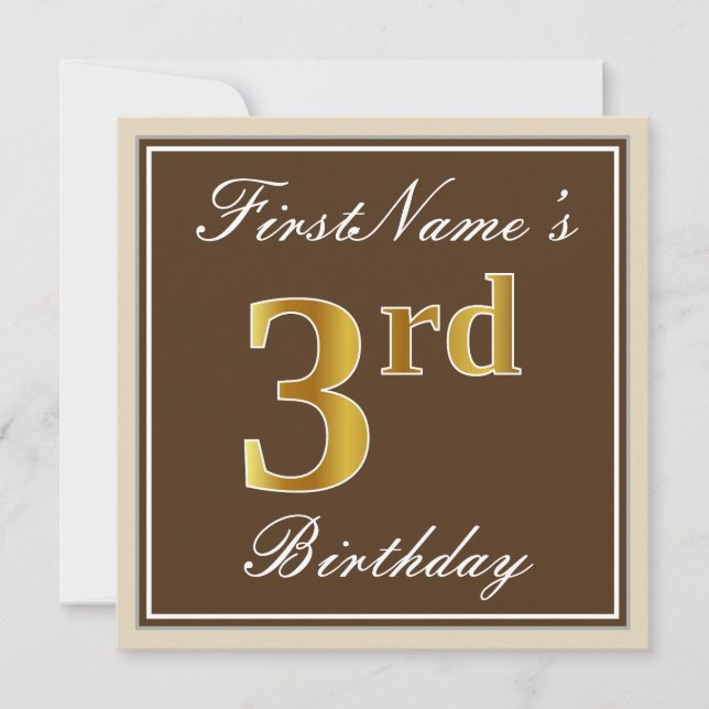 Elegant, Brown, Faux Gold 3rd Birthday + Name Invitation (Front)