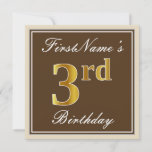 [ Thumbnail: Elegant, Brown, Faux Gold 3rd Birthday + Name Invitation ]