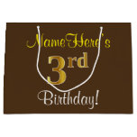 [ Thumbnail: Elegant, Brown, Faux Gold 3rd Birthday + Name Gift Bag ]
