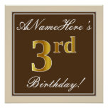 [ Thumbnail: Elegant, Brown, Faux Gold 3rd Birthday + Name Poster ]