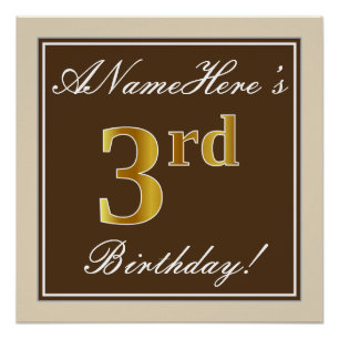 Elegant, Brown, Faux Gold 3rd Birthday + Name Poster