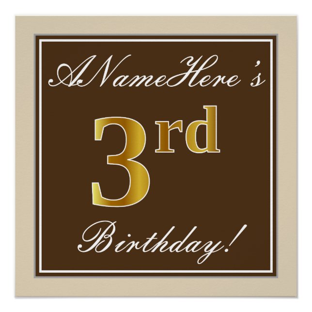 Elegant, Brown, Faux Gold 3rd Birthday + Name Poster (Front)