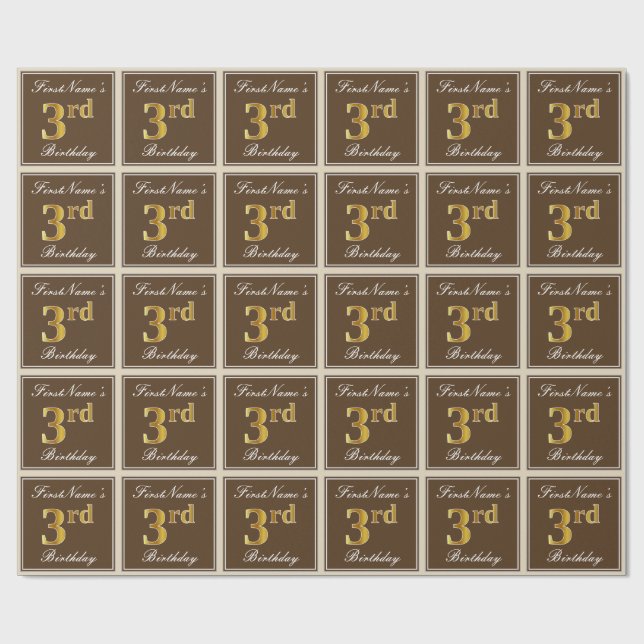 Elegant, Brown, Faux Gold 3rd Birthday + Name Wrapping Paper (Flat)