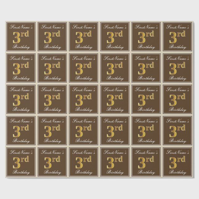 Elegant, Brown, Faux Gold 3rd Birthday + Name Wrapping Paper (Flat)