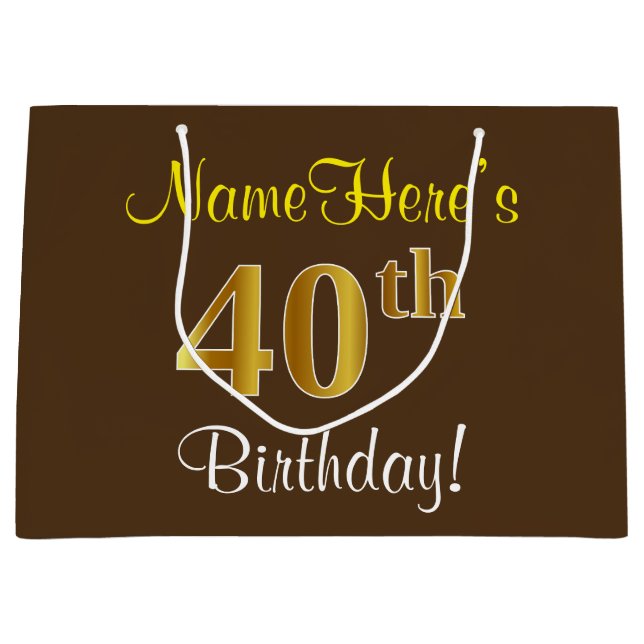 Elegant, Brown, Faux Gold 40th Birthday + Name Large Gift Bag (Front)