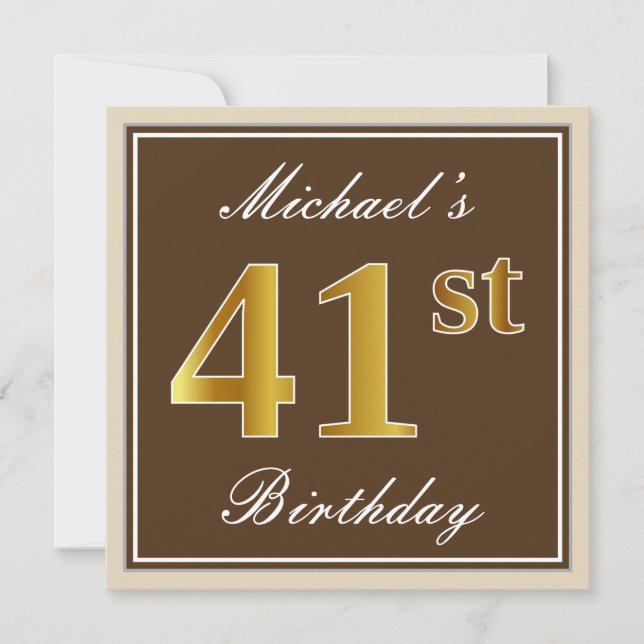 Elegant, Brown, Faux Gold 41st Birthday + Name Invitation (Front)