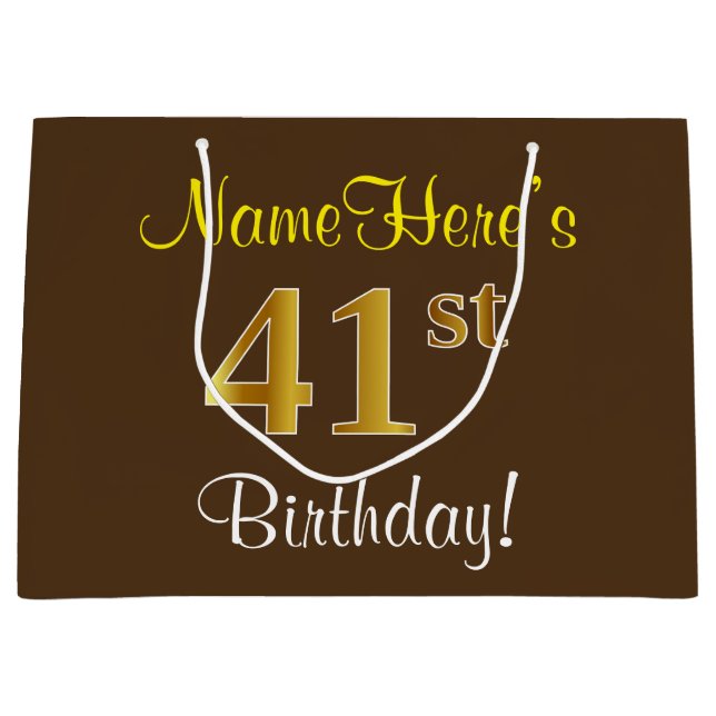 Elegant, Brown, Faux Gold 41st Birthday + Name Large Gift Bag (Front)