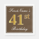 [ Thumbnail: Elegant Brown, Faux Gold 41st Birthday + Name Napkin ]