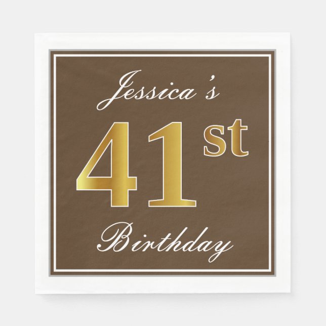 Elegant Brown, Faux Gold 41st Birthday + Name Napkins (Front)