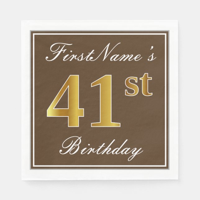 Elegant Brown, Faux Gold 41st Birthday + Name Napkins (Front)