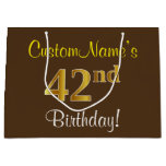 [ Thumbnail: Elegant, Brown, Faux Gold 42nd Birthday + Name Gift Bag ]