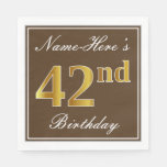 [ Thumbnail: Elegant Brown, Faux Gold 42nd Birthday + Name Napkin ]