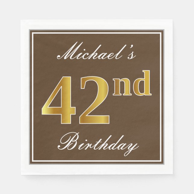 Elegant Brown, Faux Gold 42nd Birthday + Name Napkins (Front)