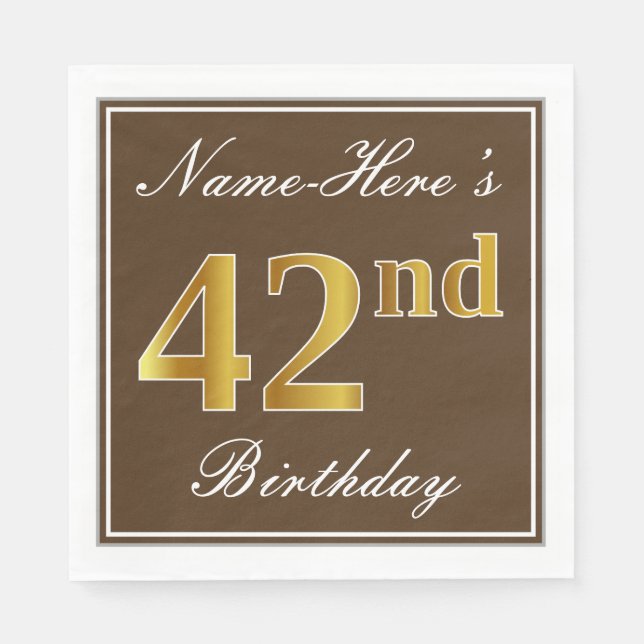 Elegant Brown, Faux Gold 42nd Birthday + Name Napkins (Front)