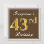 [ Thumbnail: Elegant, Brown, Faux Gold 43rd Birthday + Name Invitation ]