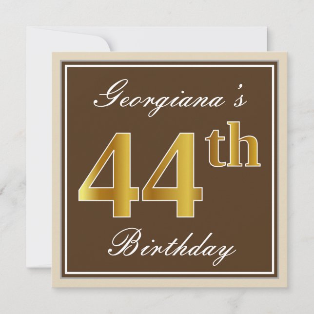 Elegant, Brown, Faux Gold 44th Birthday + Name Invitation (Front)