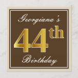 [ Thumbnail: Elegant, Brown, Faux Gold 44th Birthday + Name Invitation ]