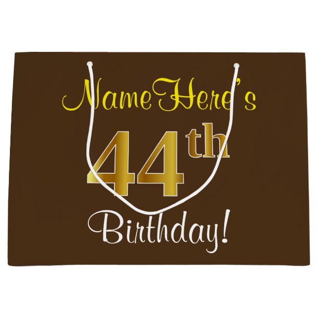 Elegant, Brown, Faux Gold 44th Birthday + Name Large Gift Bag (Front)