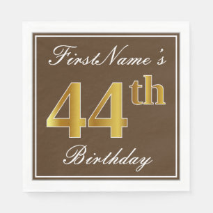 Elegant Brown, Faux Gold 44th Birthday + Name Napkins
