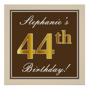 Elegant, Brown, Faux Gold 44th Birthday + Name Poster