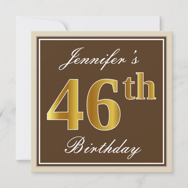 Elegant, Brown, Faux Gold 46th Birthday + Name Invitation (Front)
