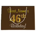 [ Thumbnail: Elegant, Brown, Faux Gold 46th Birthday + Name Gift Bag ]