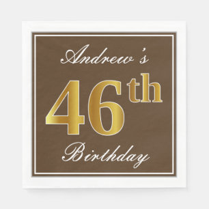 Elegant Brown, Faux Gold 46th Birthday + Name Napkins