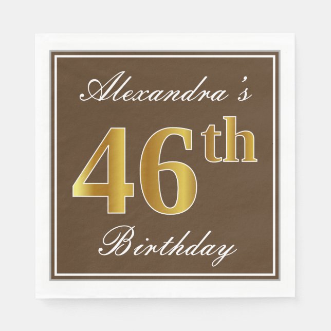 Elegant Brown, Faux Gold 46th Birthday + Name Napkins (Front)