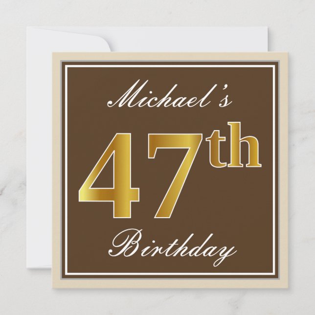 Elegant, Brown, Faux Gold 47th Birthday + Name Invitation (Front)