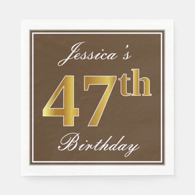 Elegant Brown, Faux Gold 47th Birthday + Name Napkins (Front)