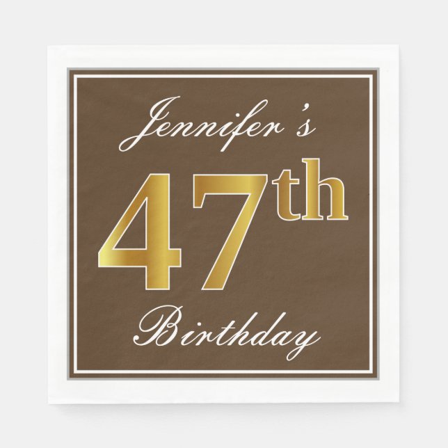 Elegant Brown, Faux Gold 47th Birthday + Name Napkins (Front)