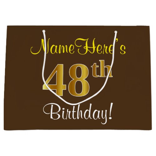 Elegant Brown Faux Gold 48th Birthday  Name Large Gift Bag