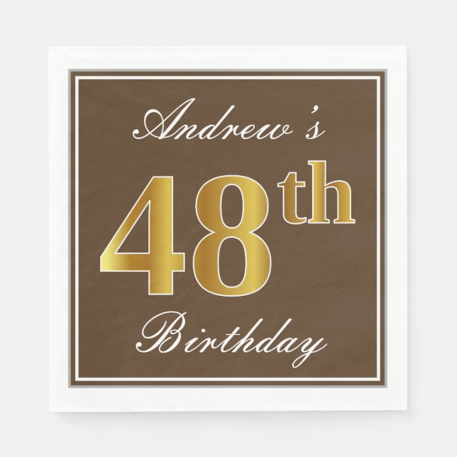 Elegant Brown, Faux Gold 48th Birthday + Name Napkins (Front)