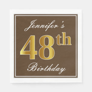 Elegant Brown, Faux Gold 48th Birthday + Name Napkins