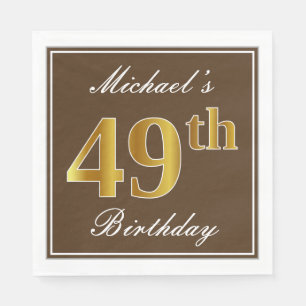 Elegant Brown, Faux Gold 49th Birthday + Name Napkins