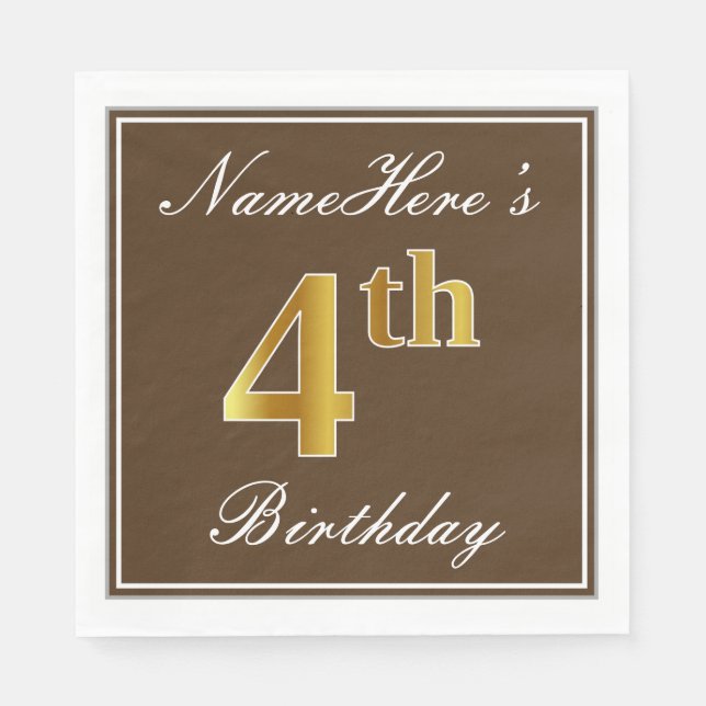 Elegant Brown, Faux Gold 4th Birthday; Custom Name Paper Napkins (Front)