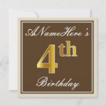 [ Thumbnail: Elegant, Brown, Faux Gold 4th Birthday + Name Invitation ]