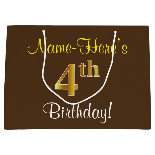 Elegant, Brown, Faux Gold 4th Birthday + Name Large Gift Bag (Front)