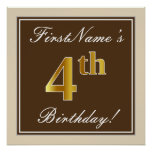 [ Thumbnail: Elegant, Brown, Faux Gold 4th Birthday + Name Poster ]