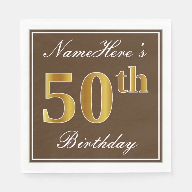 Elegant Brown, Faux Gold 50th Birthday + Name Napkins (Front)