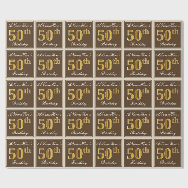 Elegant, Brown, Faux Gold 50th Birthday + Name Wrapping Paper (Flat)