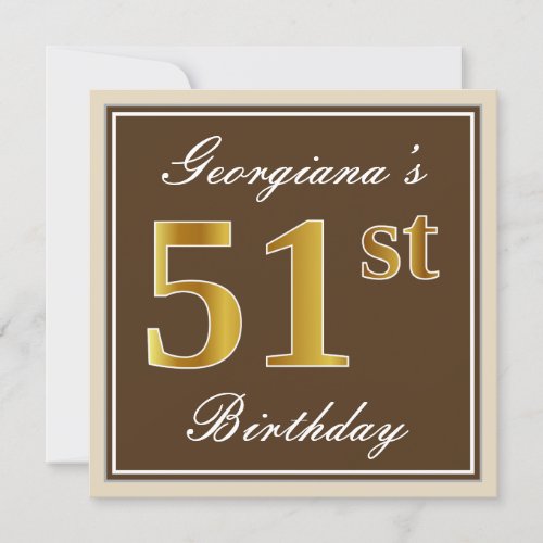 Elegant Brown Faux Gold 51st Birthday  Name Invitation