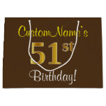 [ Thumbnail: Elegant, Brown, Faux Gold 51st Birthday + Name Gift Bag ]