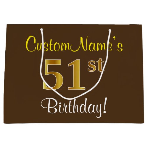 Elegant Brown Faux Gold 51st Birthday  Name Large Gift Bag